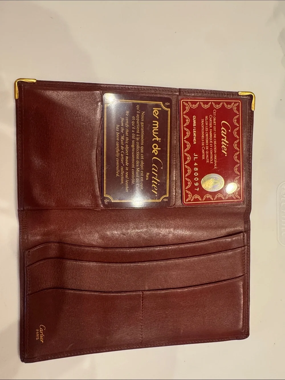 Cartier Burgundy Leather Long Wallet with Gold Corner Accents